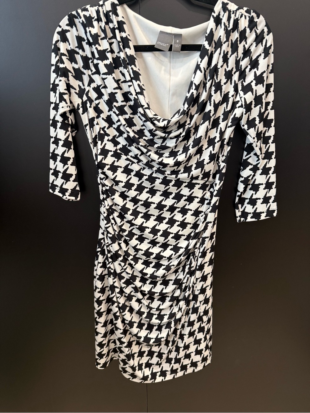 Muse Ruched black and white houndstooth dress